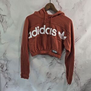 Adidas Hoodie Womens XS Orange Fleece Cropped Elastic Sweatshirt Pullover fh7636